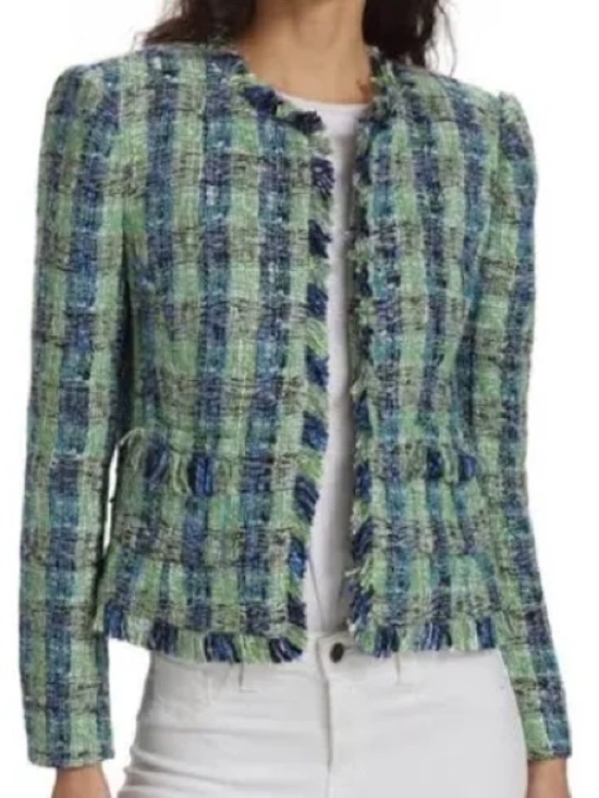 L'AGENCE Jackets & Blazers - L'Agence Angelina Tweed Jacket Womens 8 Green Blue Plaid Excellent Fringe Trim